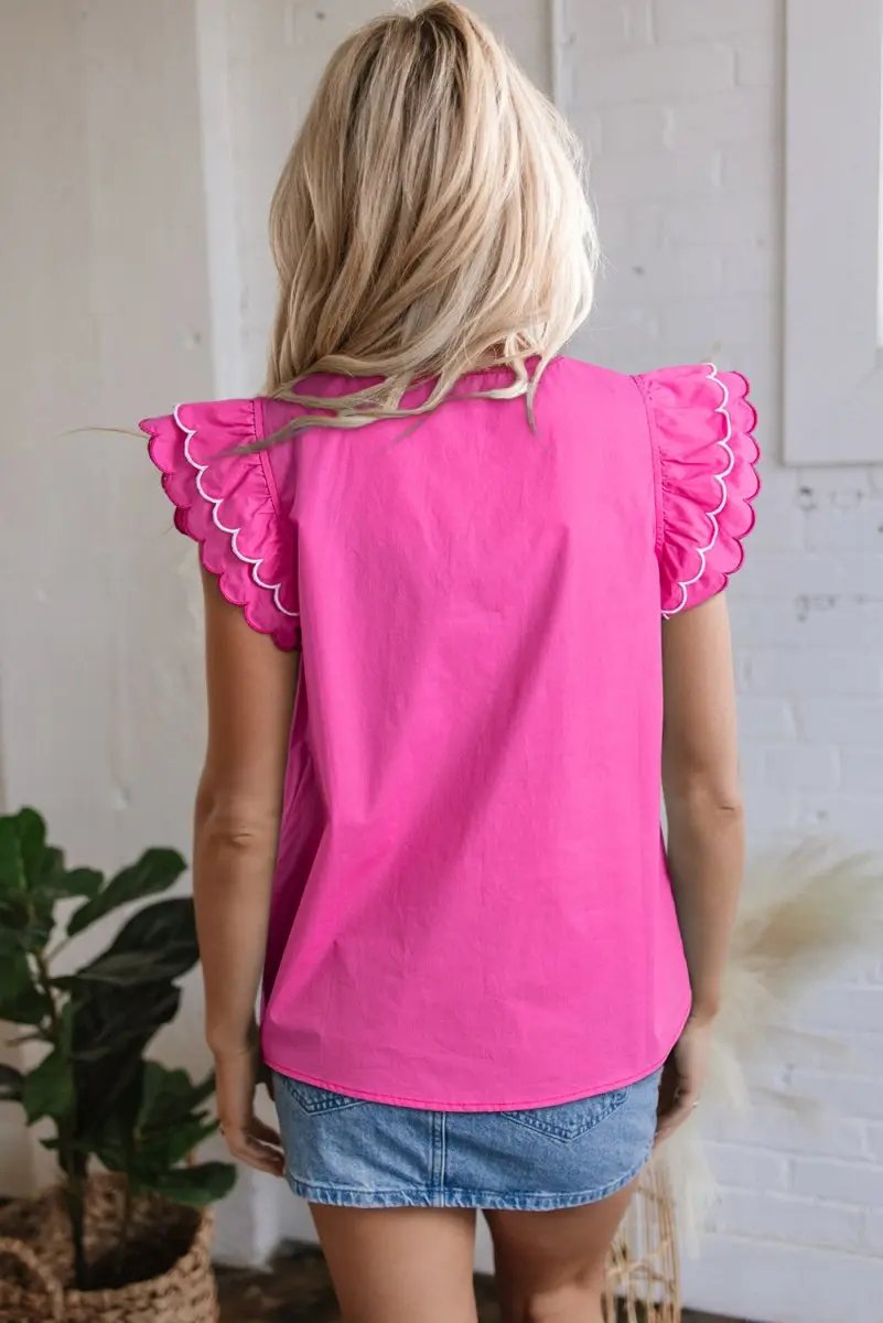 Bright Pink Contrast Scallop Trim Layered V Neck Blouse - Love Salve